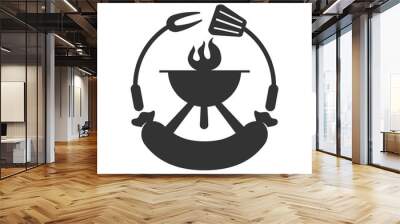 barbecue logo with bbq logotype and fire concept in combination with spatula Wall mural