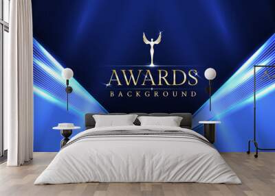 Blue awards graphic background with light neon effects with bokeh decorations. Luxury scene corporate design concept. Vector illustrations. Wall mural