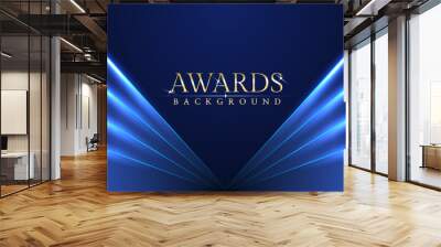 Dark blue luxury awards graphics background with light neon elegant shine spotlight effects. Premium corporate abstract design template. Banner certificate dynamic shape. Wall mural