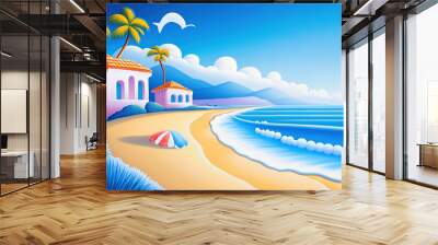 A vibrant illustration of a peaceful beach scene with two houses, palm trees, a beach umbrella, blue water, and a clear blue sky. Wall mural