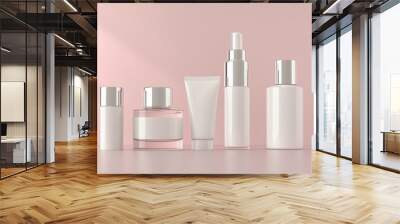 Minimalist Mockup Background of Cosmetic Skincare Packaging Products with Copy Space for Eco-friendly Beauty Brand in a Variety of Soft Pastels to Create a Calming, Aesthetically Pleasing Look. Wall mural