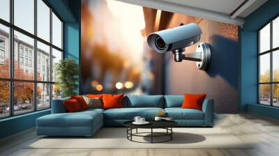 Security camera mounted on wall, blurred background Wall mural