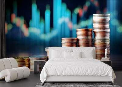 Stacks of coins in front of a blurred background of financial charts. Financial success and growth concept. Wall mural