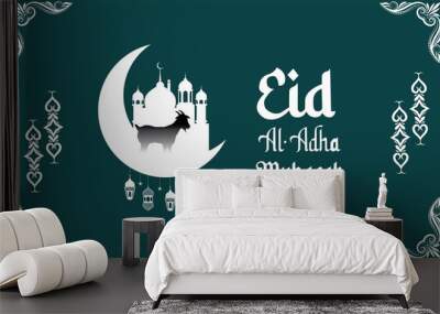 eid al adha typography,Eid al adha mubarak islamic festival web banner template,Modern bohemian style Ramadan Mubarak greeting card, banner with retro boho design, moon, mosque dome and lanterns Wall mural