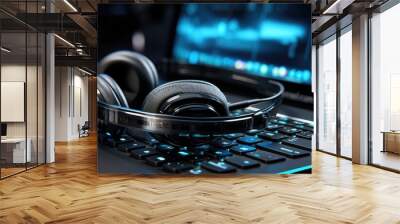 Headset concept over laptop computer keyboard for communication, call center and customer service help desk Wall mural