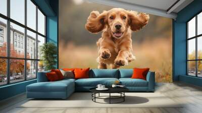 A Golden Cocker Spaniel Leaps Through the Air Wall mural