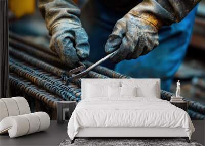 Close-up of Construction Worker's Hands Bending Rebar Wall mural