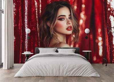 Glamorous Woman in Red Sequined Background Wall mural