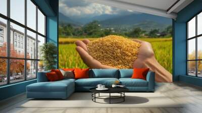 Harvesting Rice in a Verdant Field Wall mural