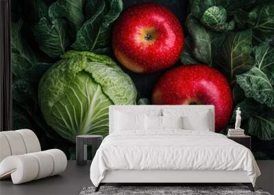 Red Apples and a Cabbage Surrounded by Green Leaves Wall mural