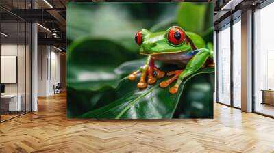 Red-Eyed Tree Frog Perched on a Leaf Wall mural