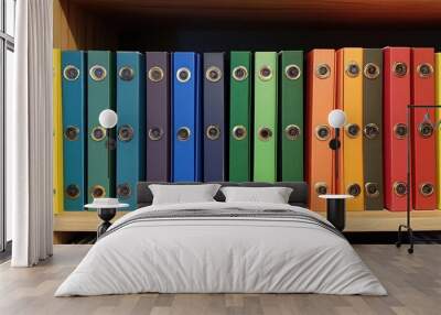 Row of Colorful Binders on a Wooden Shelf Wall mural