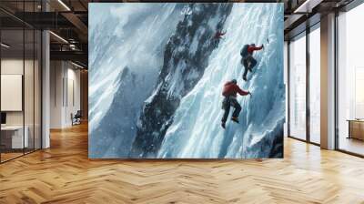 Three Climbers Scaling a Frozen Mountain Face Wall mural