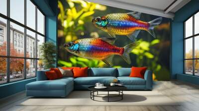 Two Colorful Fish Swimming in a Green Aquarium Wall mural