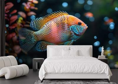 Vibrant Cichlid Fish in a Dark, Sparkling Aquarium Wall mural