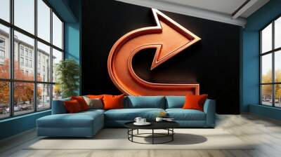 3d metal metallic copper curved arrow sign symbol isolated on a black background cursor web element curve up c-shaped c shaped letter Wall mural