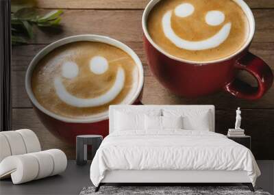 Two cups of coffees invitation friends friendship happy smiley faces emoji drink latte coffee invite smile smiling emoticon positive mood Wall mural