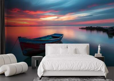 Fishing boat on Beautiful seascape sunset landscape, twillight. horizontal. wallpaper.  Wall mural