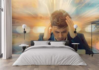 Frustrated businessman holding his head by two hands  in front of the laptop, under stress causing a headache. Copy space. With background.  Wall mural