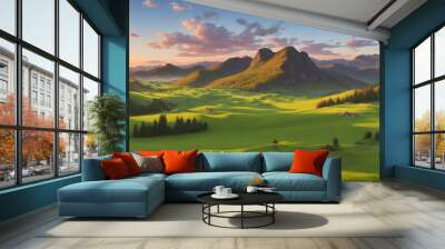 Mountain meadow in morning ligh, Green grass field Summer day, Green hills background, landscape green valley. Wall mural