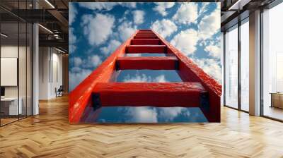 Red Wooden Ladder Ascending into a Cloudy Sky Wall mural