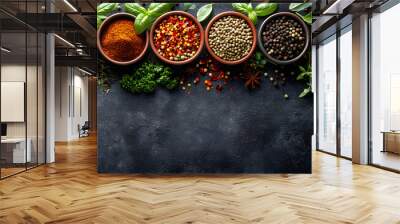 Spices and herbs on dark textured background, Different seasonings in cups, Food and cuisine ingredients wide banner, Flat lay, top view, food design, with copy space. Wall mural