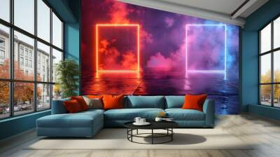 Two Neon Light Frames With Red and Blue Smoke in Dark Room. Wall mural