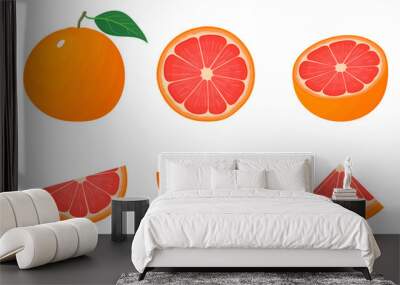 Set of fresh whole, half, cut slice grapefruit fruits isolated on white background. Summer fruits for healthy lifestyle. Organic fruit. Cartoon style. Vector illustration for any design. Wall mural