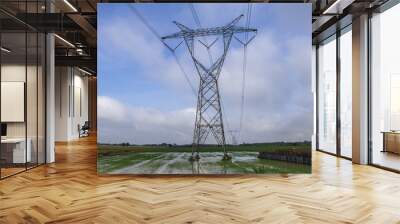 High voltage power on sky and cloud background.Transmission line tower. Wall mural