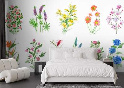 A collection of colorful flowers. Sketches of blossom with stalks and leaves. An isolated set of different florets. A bush of wild roses. A spring yellow bloom twig. Watercolor painting. png Wall mural