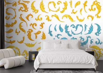 A collection of vintage floral golden, blue design elements with Wall mural