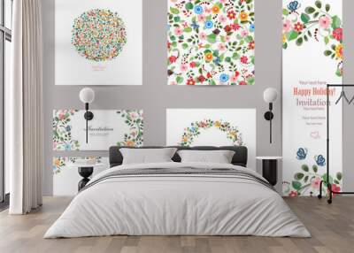 collection of greeting cards with cute flora for and seamless te Wall mural