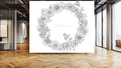 Coloring book with a wreath of meadow rural bloom plants. A roun Wall mural