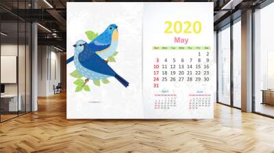 couple of fancy pretty birds on branch tree. calendar 2020 desig Wall mural