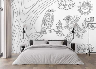 couple of pretty birds on tree in sunny day for your coloring pa Wall mural