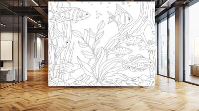 flock of fish in the aquarium with seaweed and pebbly bottom for Wall mural