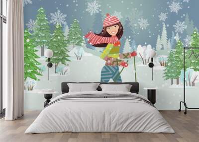 happy girl on cross country skiing in winter forest Wall mural