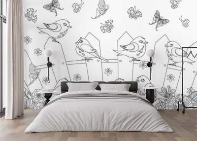 summer scenery with happy birds on fence for your coloring book Wall mural