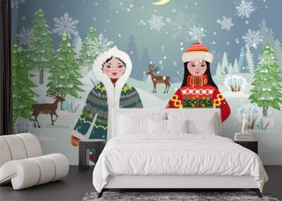 winter night landscape with girls in traditional costume of nort Wall mural