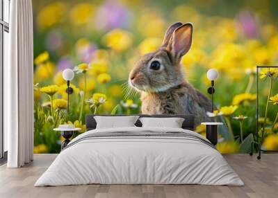 A small rabbit sitting in a field of flowers Wall mural