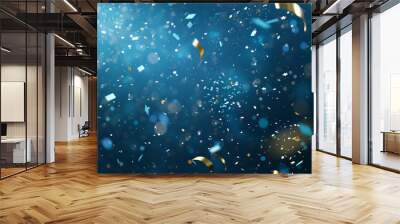 Animation of happy new year text in blue with blue new year fireworks and gold confetti in night sky Wall mural