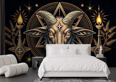 Baphomet goat head design. Vector illustration in stylish engraving technique of goat head with torch light, pentagram, half moons and star rays elements on black background. Occult symbol. Wall mural