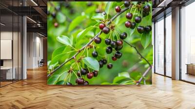 Branches with ripe fruits of wild black cherry (Prunus serotina). Prunus Serotina, commonly called:  wild, rum or mountain black cherry, is a deciduous tree or shrub in the family Rosaceae. Wall mural