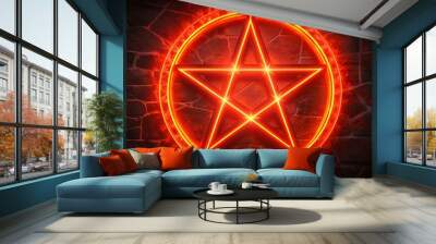 Burning Pentacle symbol in a circle. Fire animation pentagram symbol talisman pentacle esoteric pentagram. Pentacle red neon star amulet satanic pentagram amulet talisman. Wall mural