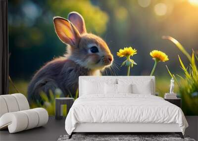 Cute baby rabbit sitting in grass, looking at flower generated by AI Wall mural