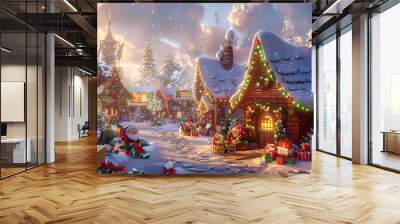 Design a whimsical Christmas background with Santas workshop, bustling with elves preparing toys for delivery. Wall mural