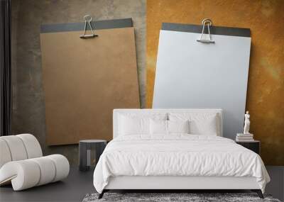 Digital background: two paper sheets with clips-brown gray ocher black white Wall mural