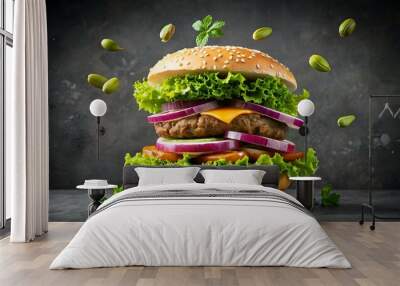 Double hamburger floating with lettuce onion and pickles gray background Wall mural