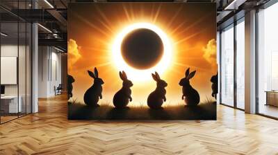 Enigmatic Eclipse: Bunny Silhouette in the Mysterious Eclipse, Casting an Enigmatic Glow on Rabbit Silhouettes - Rabbit Illustration - Bunny Vector
 Wall mural