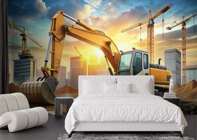 Excavator loader at construction site with raised bucket vector Wall mural